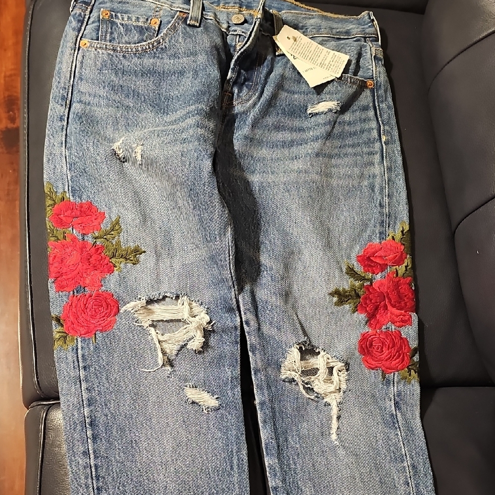 Levi's Blue Jeans with Red Floral Embroidery